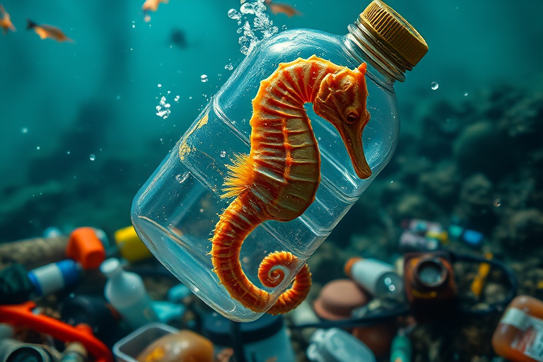 Regenerate an image of a seahorse trapped in a plastic bottle underwater surrounded by garbage, use a Canon EOS R5 camera with a 24-70mm lens, aperture f/8, shutter speed 1/250s, ISO 200, underwater perspective, and vivid color saturation for enhanced quality.