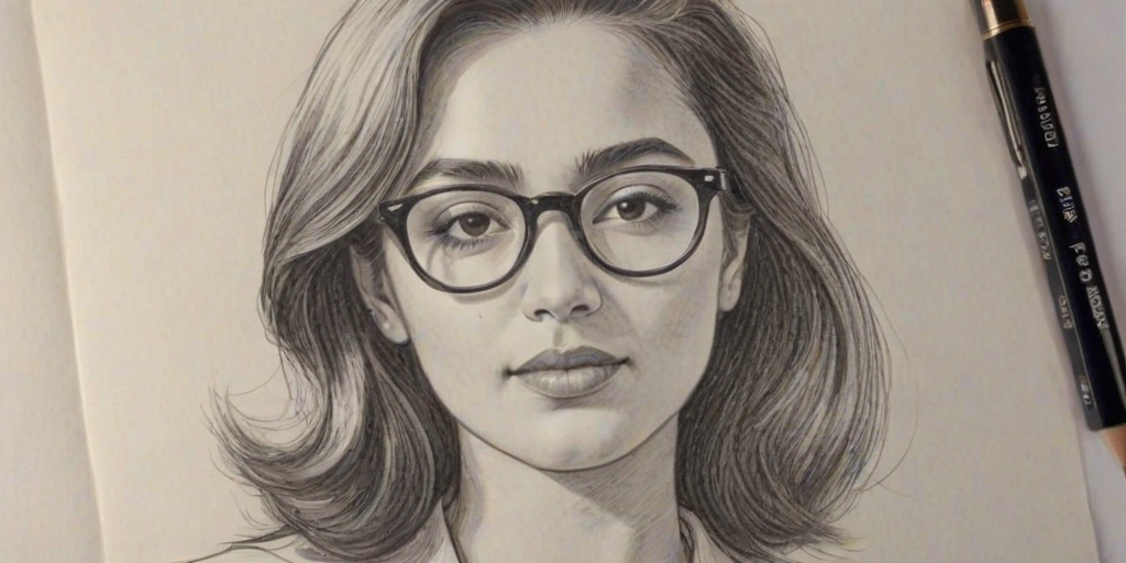 Comely Summer Bishil, pencil sketch, portrait of Pleasing woman 1944s in glasses, hair style beatnik, outline, clear lines, fine lines, 8k