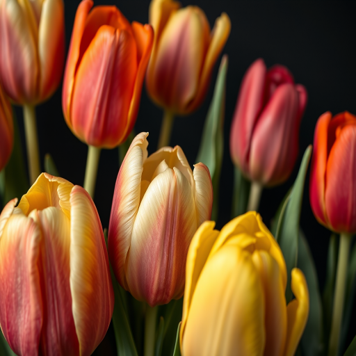 highly detailed vibrant tulips in various colors with rich textures and contrasting dark background, macro lens, f/2.8 aperture, ISO 100, 50mm lens, soft focus style, DSLR camera