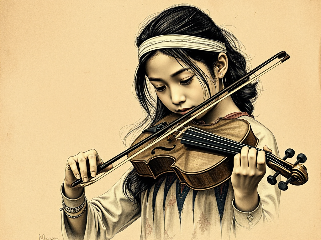 a young Bhutanese woman with a white headband playing a violin, in the style of a charcoal drawing, sepia grunge background