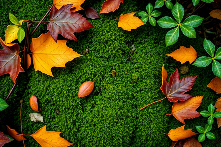 macro shot of vibrant green moss surrounded by autumn leaves and ivy, soft focus background, natural light, f/2.8, 1/200s, ISO 100, 50mm lens, DSLR camera, overhead perspective