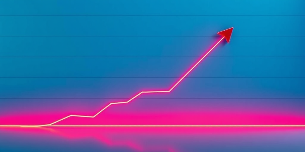 Create an image of an upward trending graph with a bright red line against a smooth blue background with horizontal stripes, using a DSLR camera with a 50mm lens, f/1.8 aperture, ISO 100, and a shutter speed of 1/250 seconds for sharp focus and vibrant colors.