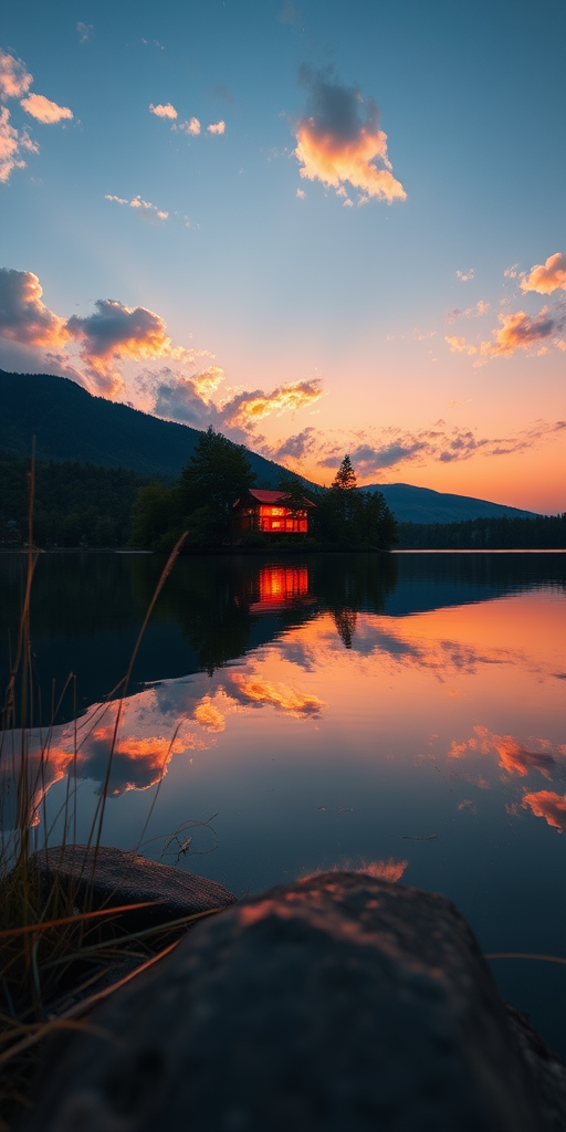 Create a high-resolution image of a serene sunset over a tranquil lake, captured with a Canon EOS R5, 24-70mm f/2.8 lens, using an aperture of f/11, shutter speed of 1/125 sec, ISO 100, from a low angle to enhance reflection, with vibrant colors and dynamic range.