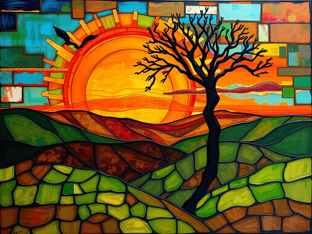A vibrant abstract painting on Tiffany Glass, blending acrylic and alcohol ink techniques, captures a dramatic sunset over rolling hills. The artwork features a textured, rocky foreground in green and brown, layered abstract hills, and a striking sunset in rich oranges, yellows, and reds. A solitary black tree with intricate branches contrasts against the fiery sky, creating a dynamic and expressive portrayal of a breathtaking natural scene.
