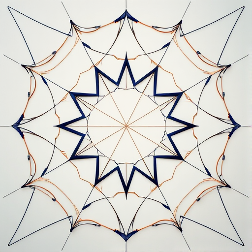 Generate a high-resolution image of an abstract geometric design featuring interconnected shapes and lines, captured with a Canon EOS R5 camera at f/8 aperture, ISO 100, and a 24mm lens, in a top-down view with soft lighting.