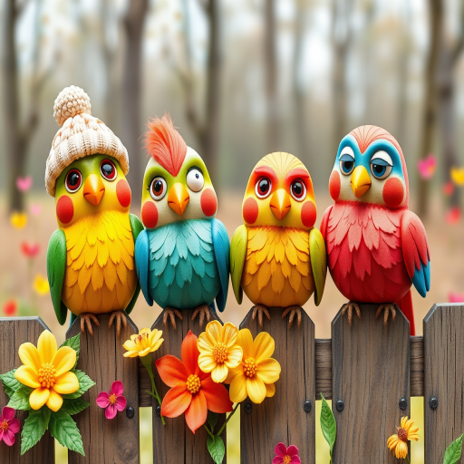 create a scene of 4 quirky  whimsical colourful comical birds each with a funny expression. they are sat on a wooden fence with colourful flowers. they are all different sizes. each one is a different colour  one is wearing a woolly hat. Each one has a different quirky google expression and there is a muted background of trees watercolour paintierly style high definition 8k resolution 3D paper mache