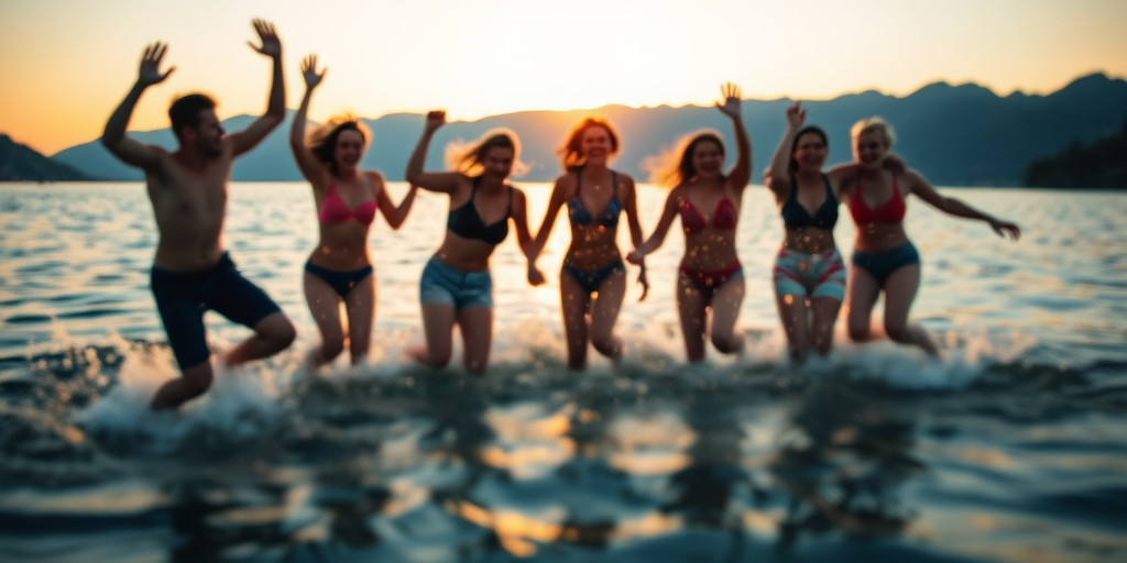 Blurry, candid photo of a group of friends jumping into a lake at sunset, water splashing around them, distant mountains silhouetted against the sky, soft golden light reflecting off the water, and the sound of laughter filling the air.