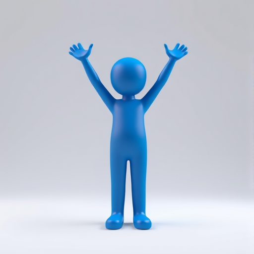 Create a 3D render of a stylized blue stick figure with arms raised in celebration, using a Canon EOS R5 camera with a 50mm lens, aperture f/1.8, ISO 100, and a softbox lighting setup to enhance the image quality and provide depth.