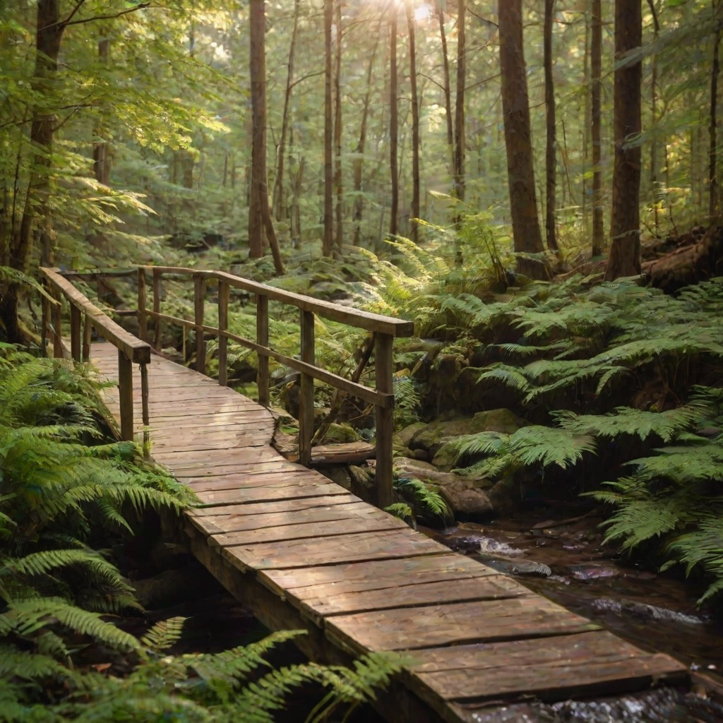 Soft-focus image of a rustic wooden bridge over a babbling brook in a forest, soft golden light filtering through the trees, with ferns softly swaying in the breeze.