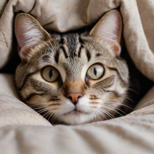 a close-up of a relaxed tabby cat peeking out from under soft bedding with a calm expression and one eye visible