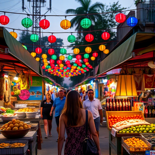 Bustling street market at twilight, colorful lights strung above, with stalls selling everything from fresh fruit to handmade crafts, a woman browsing the stalls.