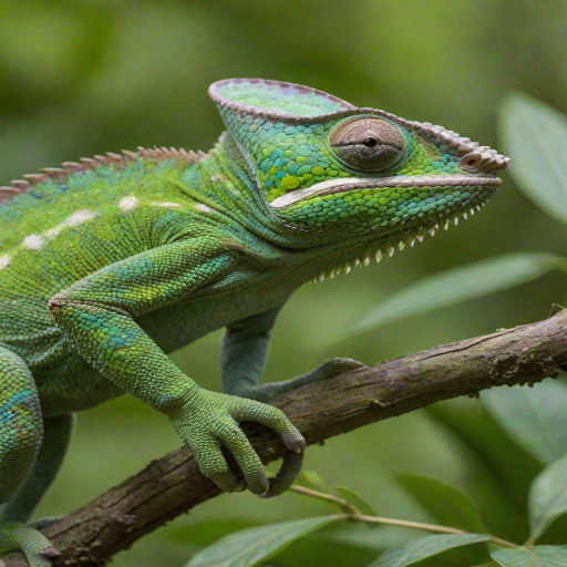 Sharp close-up of a chameleon blending into a lush green branch, its textured skin subtly shifting in hue, with the intricate veins of leaves in the background.