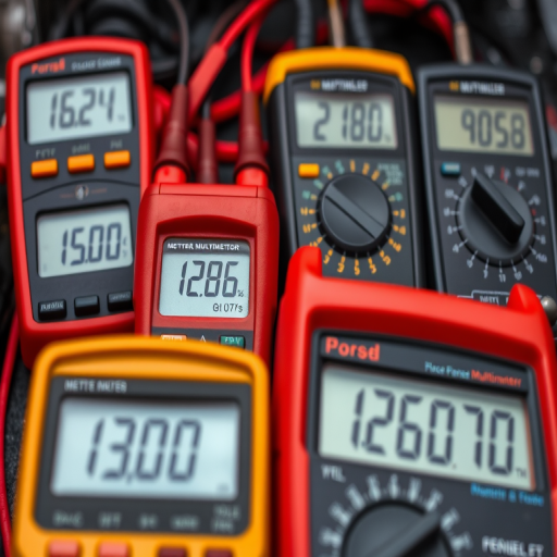 Regenerate an image of four digital multimeters displaying measurements, using a macro lens, focus set to 1.5 feet, aperture at f/8 for depth of field, ISO 100 for clarity, and a softbox light source for even illumination.