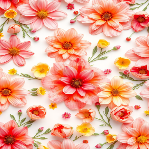 Create a vibrant floral pattern with soft watercolor flowers in shades of pink, orange, and yellow, ensuring a variety of sizes and shapes, captured with a Canon EOS 5D Mark IV, 85mm lens, f/2.8 aperture, ISO 100, natural lighting.