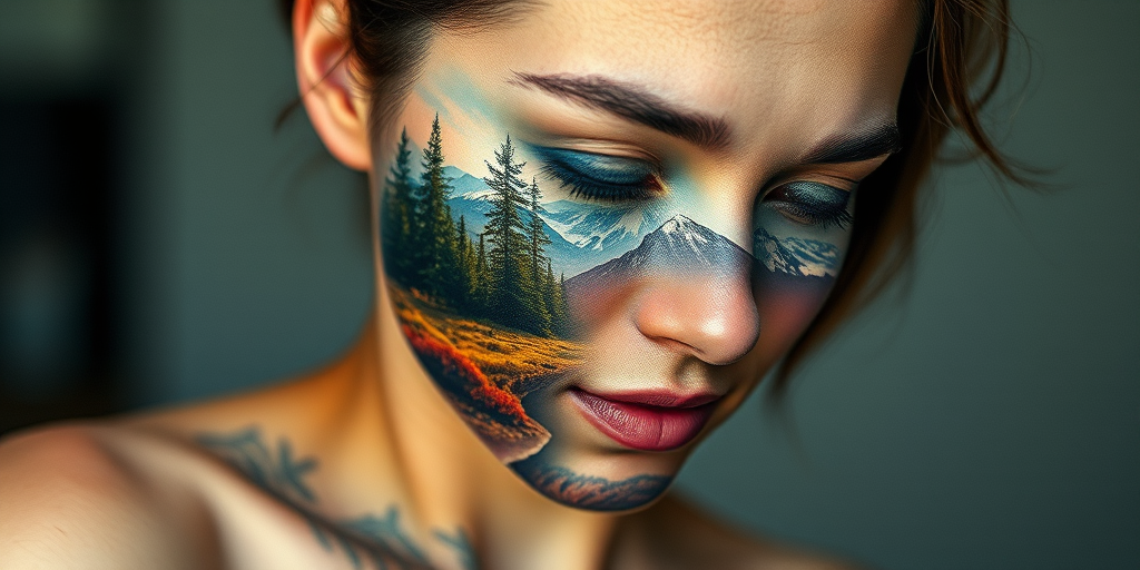 Surrealist double exposure tattoo blending a portrait with natural landscapes, creating a dreamlike image that seamlessly merges human and environmental elements