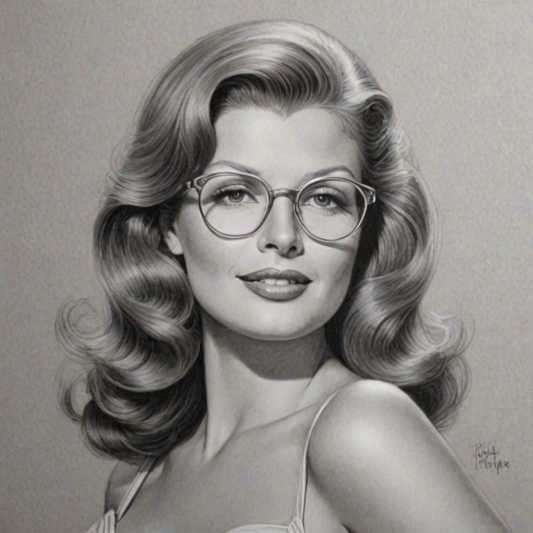 Charming Rita Hayworth, pencil sketch, portrait of Enchanting woman 1968s in glasses, hair style beatnik, outline, clear lines, fine lines, 8k