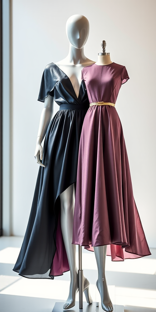 Create a high-quality fashion illustration of a stylish mannequin holding two elegant dresses, shot with a Canon EOS R5, 50mm lens, f/1.8 aperture, ISO 100, in soft natural lighting, with a shallow depth of field to enhance the focus on the mannequin and dresses, captured from a frontal view.