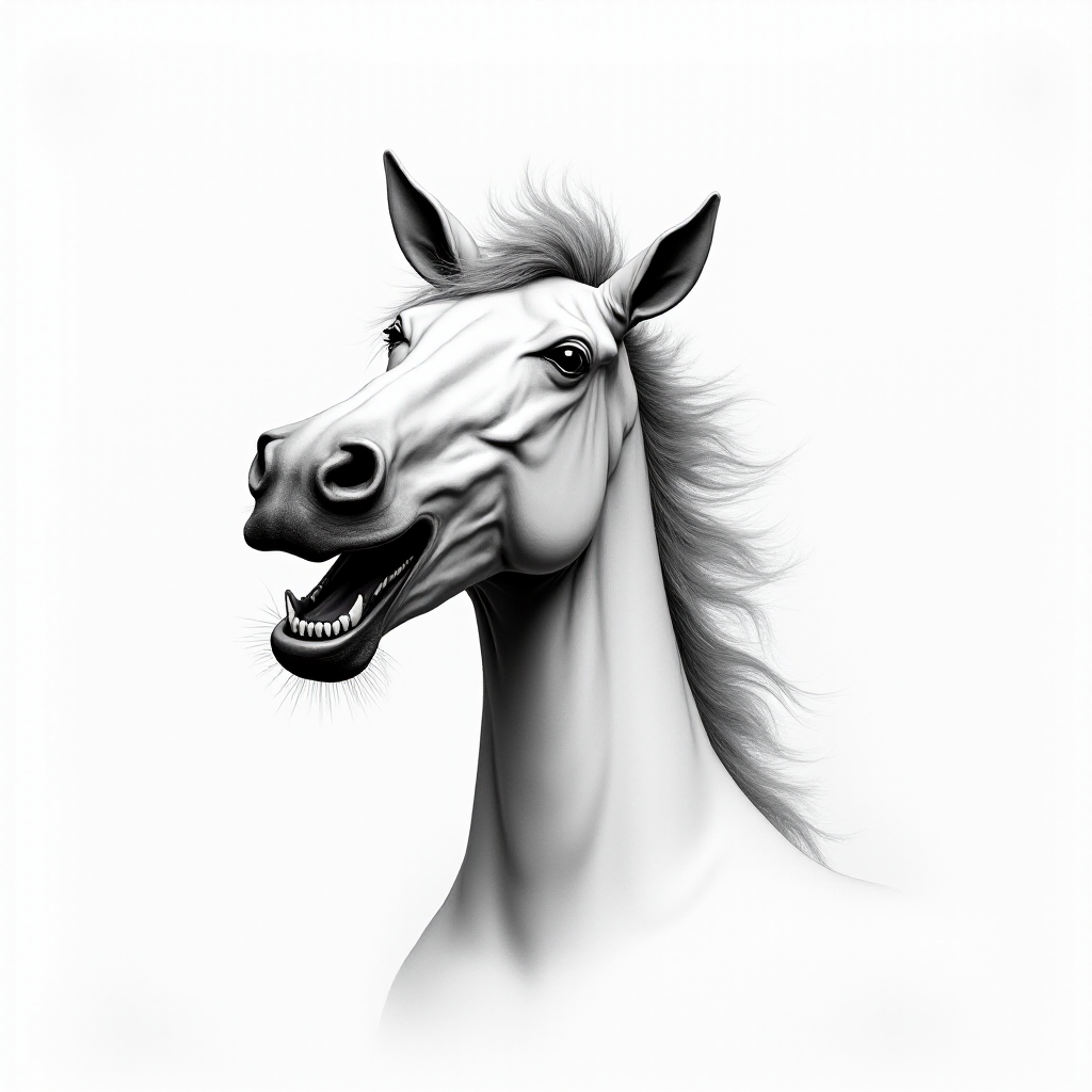 Abstract black and white acrylic portrait of an over exaggerated laughing (horse). Minimalism style. White background.
