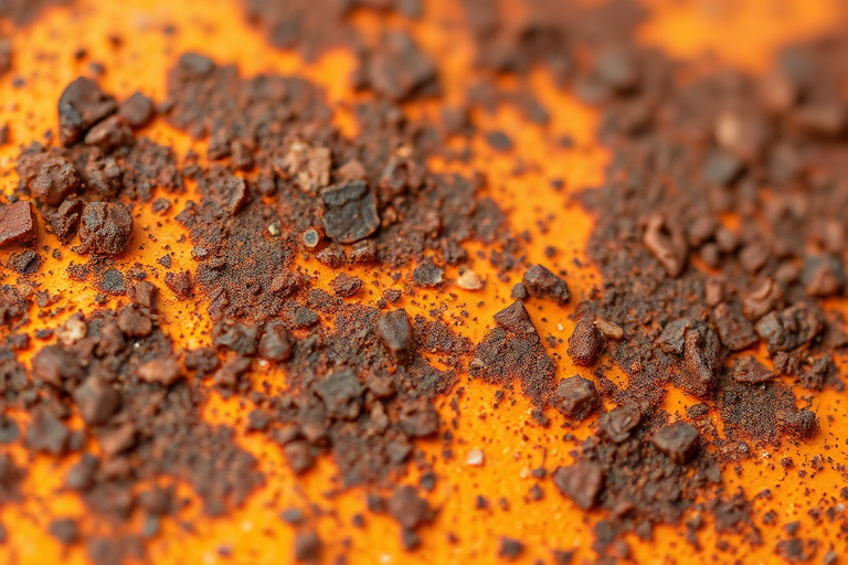 Close-up shot of textured rust surface with rich orange and brown hues, ISO 100, f/8 aperture, 50mm lens, natural lighting, macro photography.