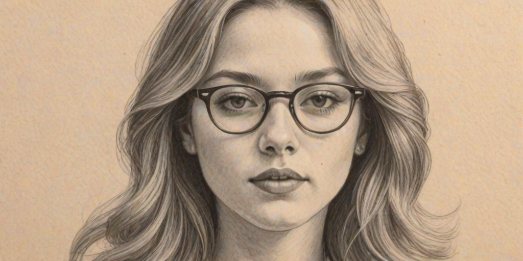 Comely Jade Pettyjohn, pencil sketch, portrait of Resplendent woman 1979s in glasses, hair style beatnik, outline, clear lines, fine lines, 8k