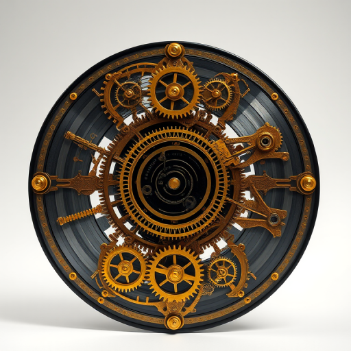 Create an intricate steampunk-inspired vinyl record featuring golden gears and mechanical designs, shot with a Canon EOS R5, 50mm lens, f/1.8 aperture, ISO 100, in a well-lit studio setting with soft diffused lighting for enhanced detail and depth.