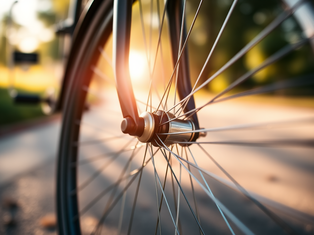 photograph of a bicycle wheel close-up focusing on the hub and spokes, natural sunlight creating a soft bokeh effect, captured with a DSLR camera, aperture f/2.8, shutter speed 1/500s, ISO 100, with a shallow depth of field for enhanced clarity and detail.