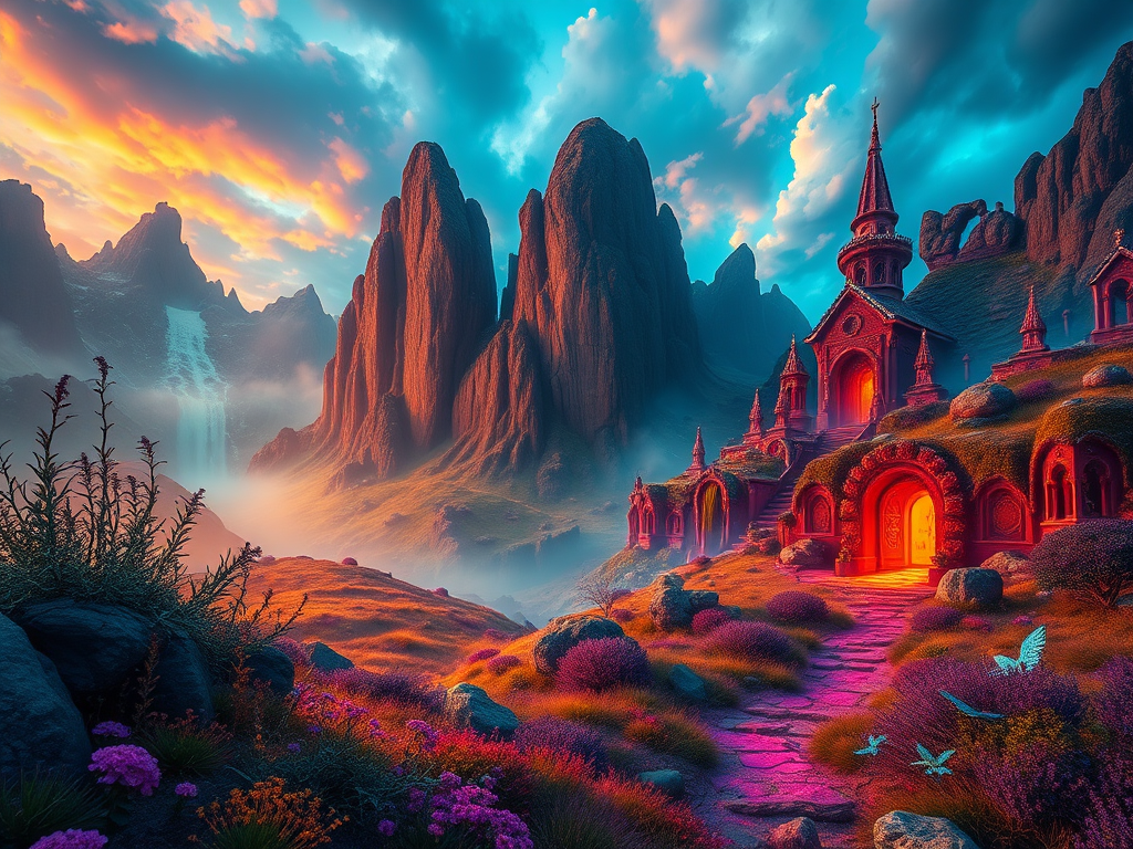 Generate a highly detailed fantasy landscape with vibrant colors and mystical elements, captured with a Canon EOS R5 at f/4.0, ISO 100, 1/125s, wide-angle lens, using a dramatic perspective for depth and clarity.