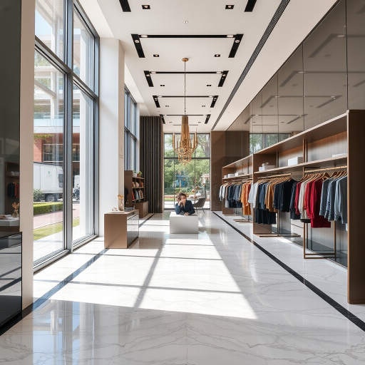 interior boutique design with modern decor, natural light flooding through large windows, polished marble floor, minimalist clothing displays, camera settings ISO 100, aperture f/11, shutter speed 1/60, camera view wide-angle, camera style HDR, camera type DSLR