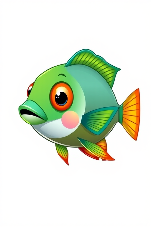 Generate a vector-style cartoon image of a colorful fish with a teal body, green head, and large eye against a plain background, captured with a 50mm lens at f/2.8, using a digital camera in bright lighting for enhanced clarity and vivid colors.
