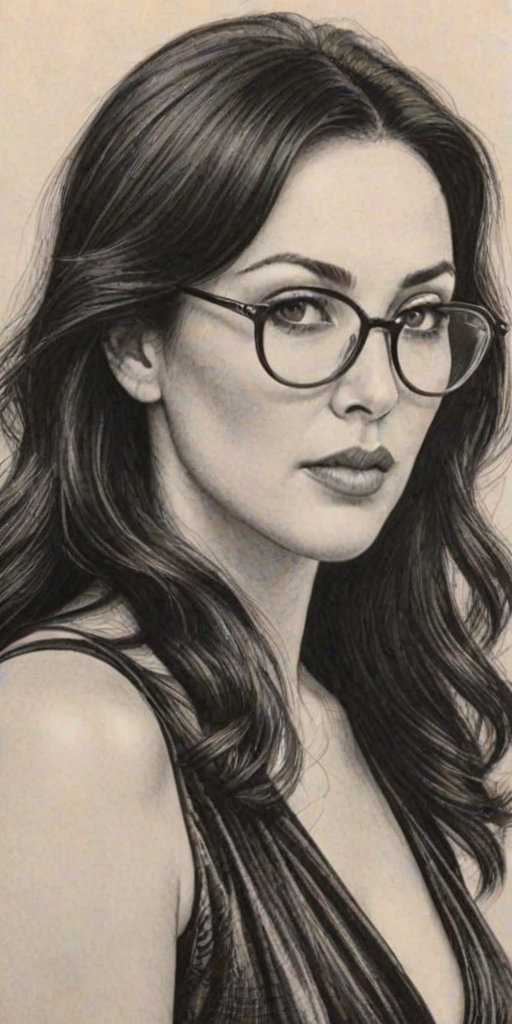 Splendid Monica Bellucci, pencil sketch, portrait of Bewitching woman 1933s in glasses, hair style beatnik, outline, clear lines, fine lines, 8k