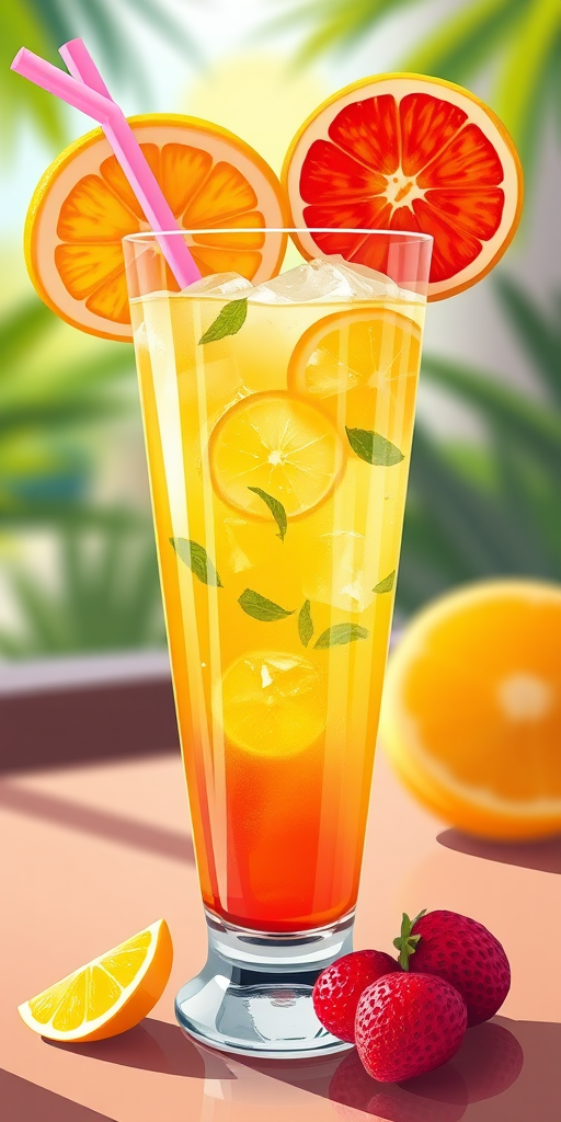 Create a vibrant illustration of a refreshing drink in a tall glass with a straw and a slice of fruit, using a DSLR camera with a 50mm lens, aperture set to f/2.8 for a shallow depth of field, ISO 100 for optimal clarity, and natural lighting to enhance colors and details.