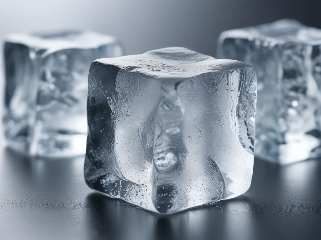 Three Glimmering Ice Cubes Reflecting Light on a Smooth Surface