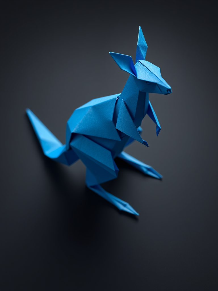 Create a high-resolution 3D rendering of a blue origami kangaroo positioned dynamically on a soft black shadow, using a DSLR camera with a 50mm lens, f/1.8 aperture, ISO 100, 1/200 sec shutter speed, top-down view, with a soft lighting setup to enhance texture and color vibrancy.