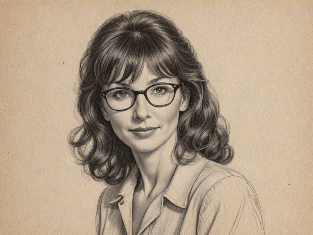 Stunning Mary Steenburgen, pencil sketch, portrait of Enticing woman 1945s in glasses, hair style beatnik, outline, clear lines, fine lines, 8k
