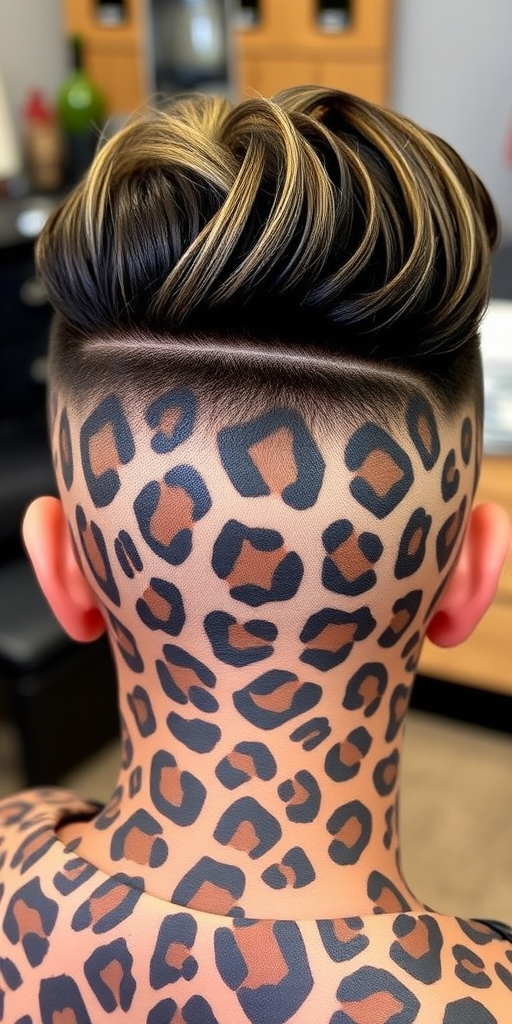 Fierce leopard print undercut, named "Wild Instinct," features a bold animal pattern shaved into short sides with longer, contrasting locks on top