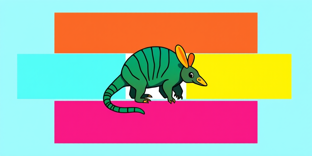 Create a vibrant graphic depicting a stylized armadillo in the center, surrounded by four blank rectangles with varying colors at the corners, using a digital illustration style with high resolution, focus on sharp lines and bright colors, 300 DPI settings, wide-angle view, digital tablet illustration.