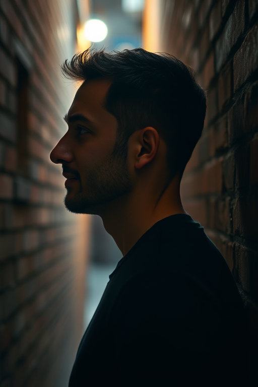 portrait of a man in a narrow, dimly lit alley with brick walls, profile view, soft focus, f/1.8 aperture, 50mm lens, ISO 200, natural lighting, shallow depth of field, cinematic style, high resolution