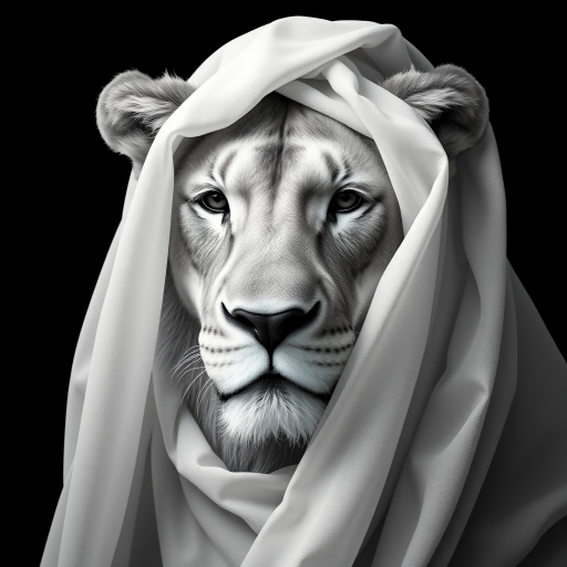 A hyper-realistic digital portrait of an lion with fabric draped over its head. The fabric is sheer and lightweight, allowing the contours of the lion’s face to show through, including its ears, eyes, and nose. The texture of the fabric is smooth and flowing, with delicate folds and creases that suggest softness and movement. The lion’s expression is serene and contemplative. The image focuses on the interplay of light and shadow on the fabric and the lion's face, creating a monochromatic palette of whites and grays. The background is a simple, nondescript dark shade to highlight the subject.