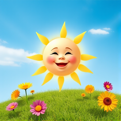 Create an image shows a bright, sun with a smiling baby's face in the center, radiating soft yellow rays. The sun is set against a clear blue sky with a few wispy clouds. Below, there's a lush green grassy hill with colorful, oversized flowers, giving the scene a whimsical, playful atmosphere.