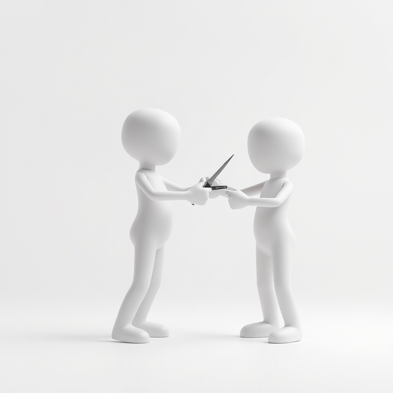 Create a high-resolution image of two minimalist 3D figures, one figure playfully pretending to stab the other in a comical manner, using a DSLR camera with a 50mm lens, aperture set to f/2.8, ISO 100, and a soft studio lighting setup for enhanced detail and depth.