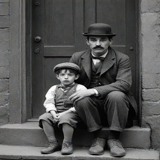 A black-and-white photograph of a man and a child sitting on steps in front of a doorway. The man is dressed as a tramp with a bowler hat, mustache, and ragged clothes, reminiscent of Charlie Chaplin's iconic look. He is sitting with his arms crossed and an expression of slight sadness or frustration. Next to him is a young boy, also in worn clothes and a cap, sitting with his hands clasped, looking thoughtful. The background is an old, textured wall and a partially open door, creating a vintage, early 20th-century atmosphere.