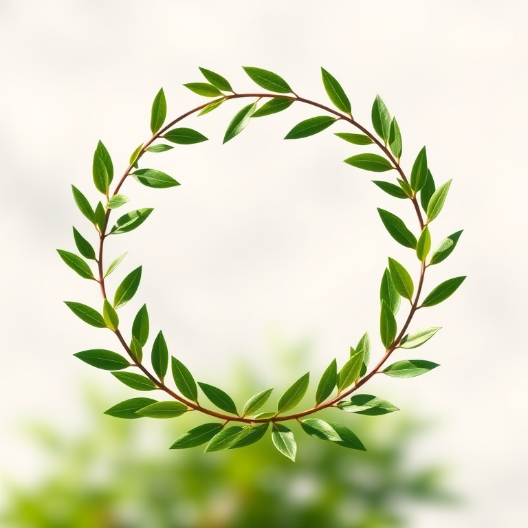 Create a highly detailed illustration of a green laurel wreath on a transparent background, using a DSLR camera with a 50mm lens at f/1.8, 1/200 sec shutter speed, ISO 100, shot in natural light from a slightly elevated angle for depth enhancement.