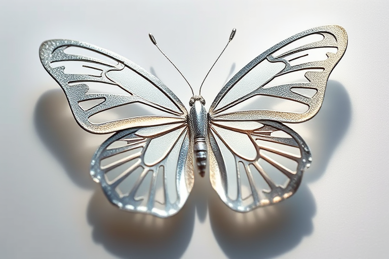 Create an ultra-realistic image of a silver butterfly with intricate cut-out designs, using a Canon EOS R5 camera, focal length 50mm, aperture f/2.8, ISO 100, in macro view with soft natural lighting and a slight shadow for depth.