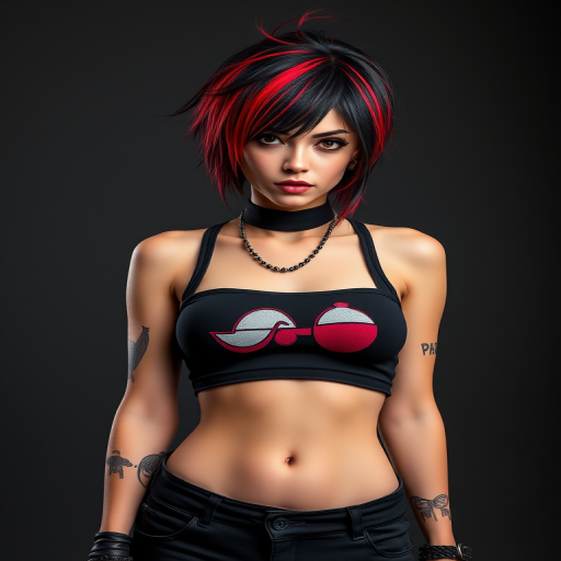 Generate a high-resolution image of a punk-style female character with short, red and black hair, wearing a graphic black crop top and black cargo pants, striking a confident pose, DSLR camera settings: f/2.8 aperture, ISO 100, shutter speed 1/125s, 50mm lens, frontal view, studio lighting for enhanced clarity and detail.