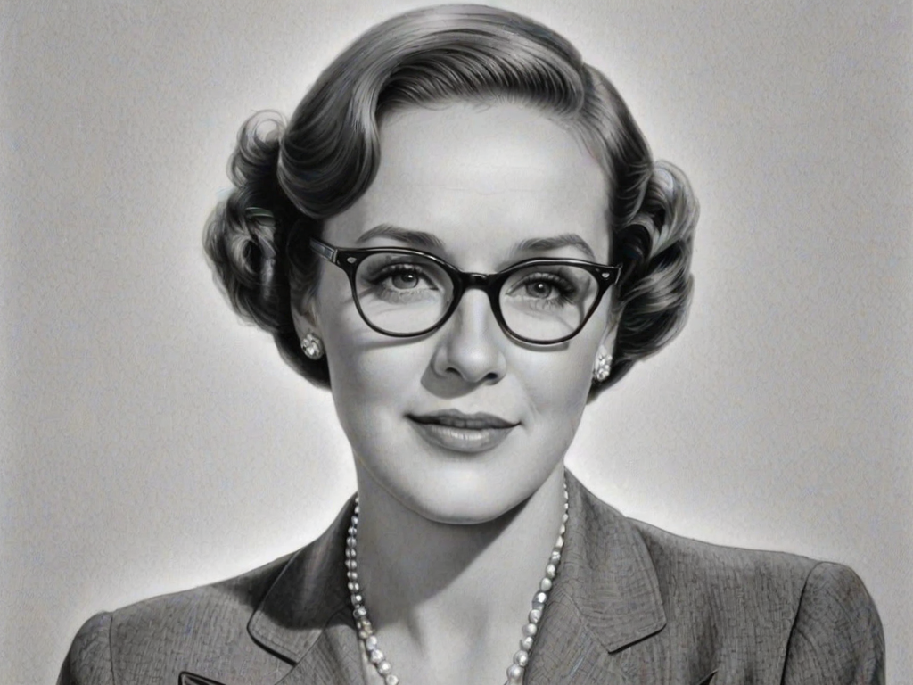 Sublime Julie Andrews, pencil sketch, portrait of Sublime woman 1940s in glasses, hair style beatnik, outline, clear lines, fine lines, 8k