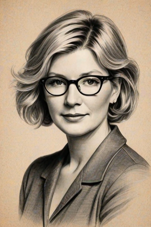 Charming Martha Stewart, pencil sketch, portrait of Fascinating woman 1920s in glasses, hair style beatnik, outline, clear lines, fine lines, 8k