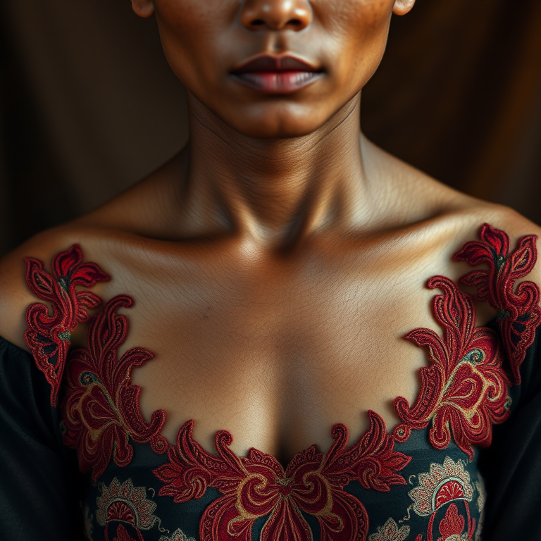 Face, shoulders, chest covered in openwork Malay embroidery. Raw, unedited image.
