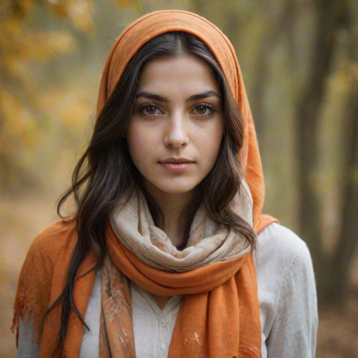 Create a portrait of a young Turkish female with long, dark hair and captivating hazel eyes. She is wearing a orange headscarf and a matching scarf draped gracefully around her neck. The background is softly blurred, focusing attention on her serene and natural expression. The overall color palette is muted and warm, enhancing the intimate and authentic feel of the portrait.