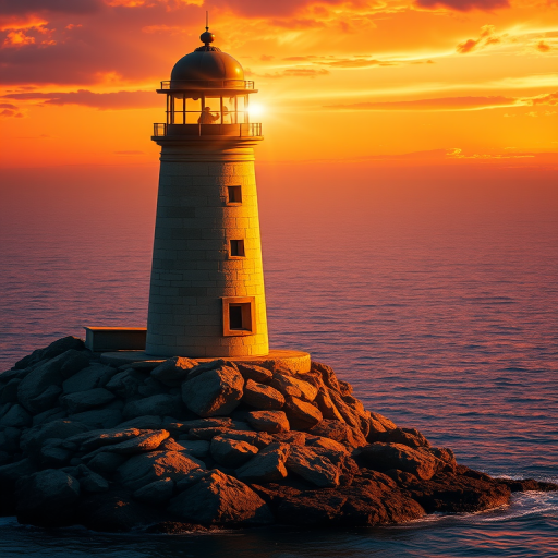 Generate an image of a tall lighthouse perched on a rocky outcrop surrounded by calm ocean waters during a breathtaking sunset. The lighthouse stands sturdy and weathered, its stone surface illuminated by the warm golden light of the setting sun. The sun's rays pass directly through the glass lantern room at the top of the lighthouse, casting a brilliant light across the scene. The sky is painted with vibrant shades of orange, pink, and purple, reflecting off the tranquil sea. The surrounding water shimmers with the same warm hues, creating a serene and majestic atmosphere.