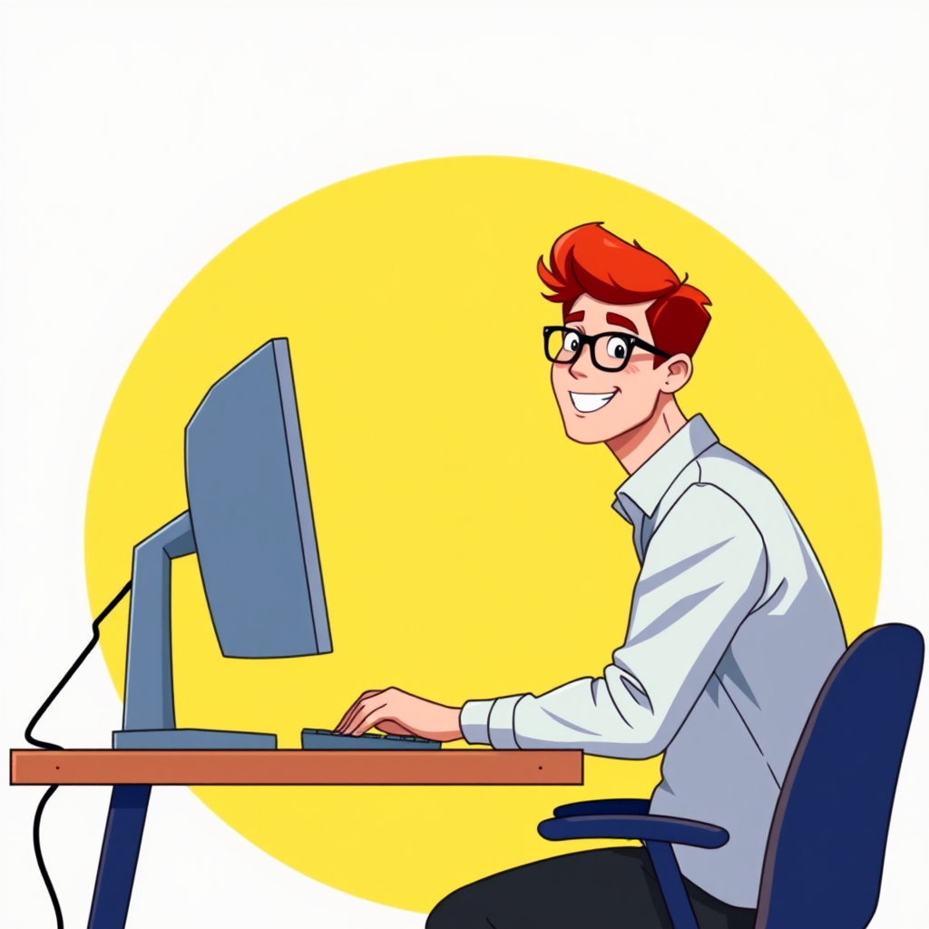 Create a vibrant digital illustration of a cheerful young man with red hair sitting at a desk working on a computer, with a bright yellow circular background, using a 50mm lens at f/2.8, ISO 100, and soft lighting for a clean, modern look.